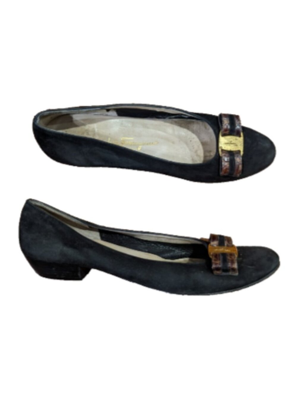 Salvatore Ferragamo Vara Suede Pumps 9.5 Black Low Block Heel Croc Leather Bow